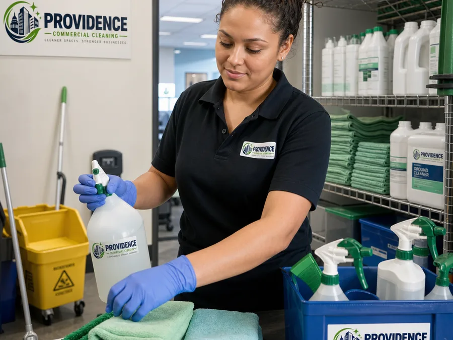 Uniformed cleaning team member preparing supplies in a commercial janitorial storage area